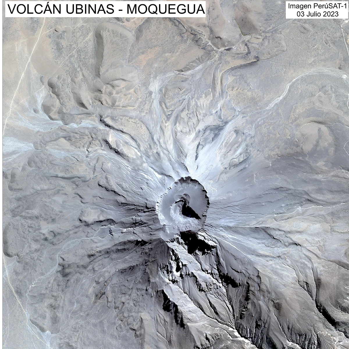 Imagen tomada con el satlite Per-SAT1 del volcn Ubinas tomada el 3 de julio de 2023.